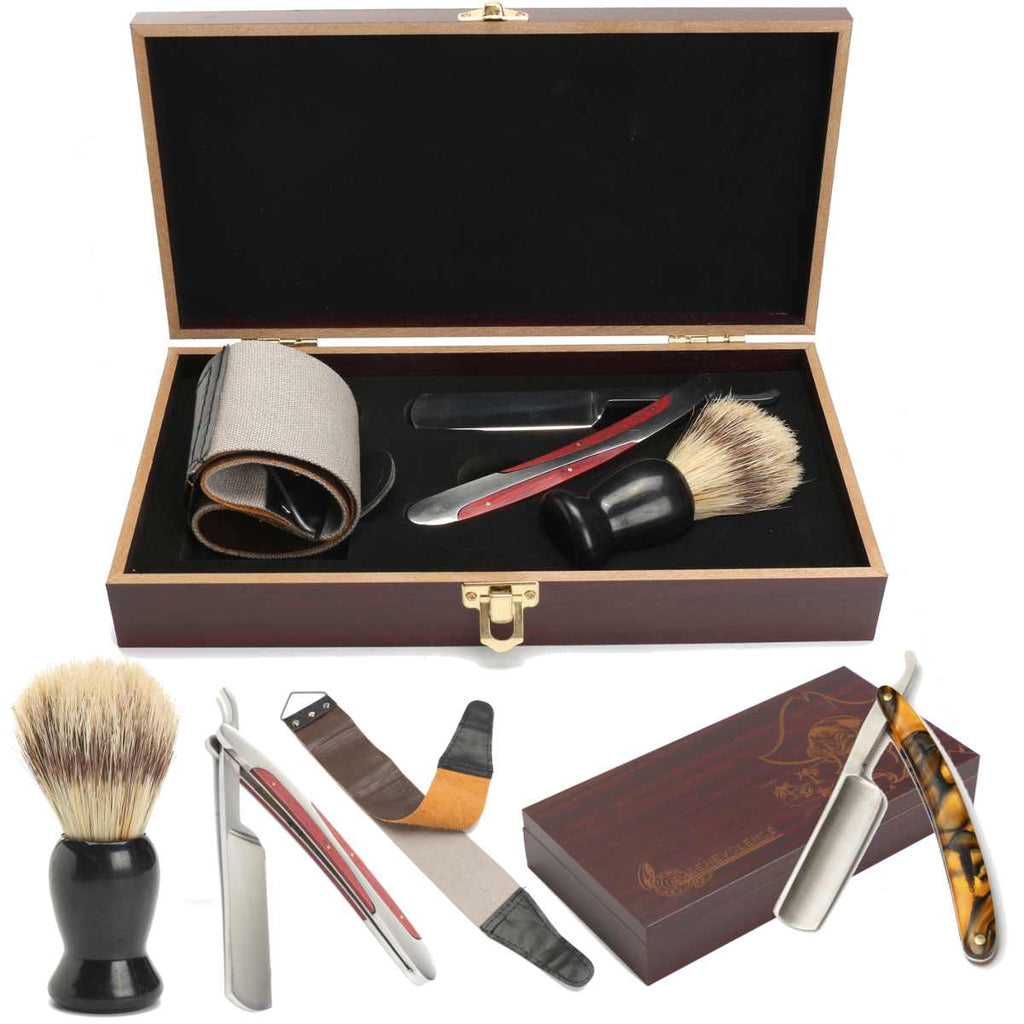 4Pcs/set Vintage Manual Shaver Kits With Wooden Box Gifts Barber Holder Folding Shaving Knife Shave Beard Cutter
